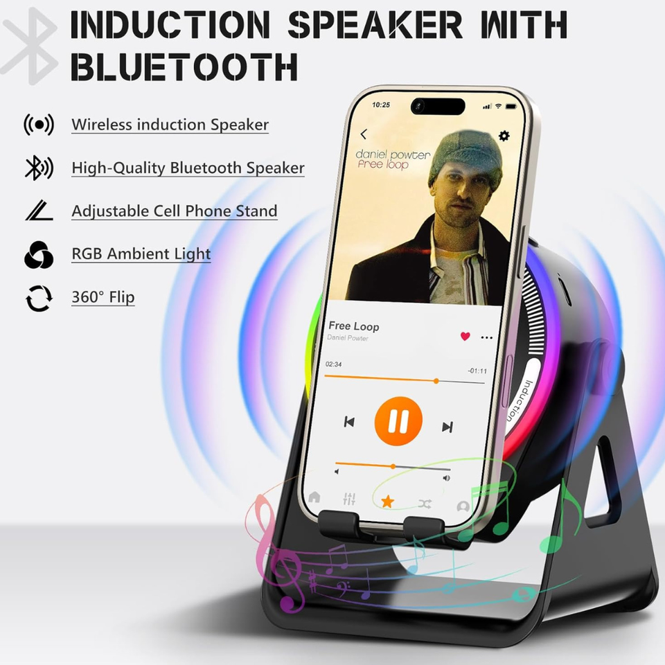 Wireless Induction Speaker with RGB Lights & Phone Stand | 360° Rotating Design